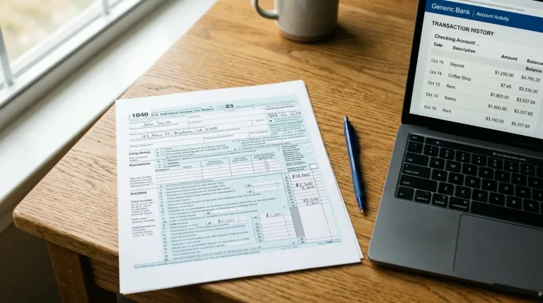 Pracovný stôl s vytlačeným daňovým formulárom, perom a notebookom otvoreným na bankovej histórii prevodov