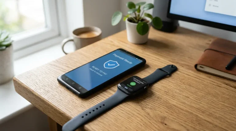 Android telefón a smart hodinky ležia na stole, oba pripravené na mobilnú platbu cez bankové tlačidlo