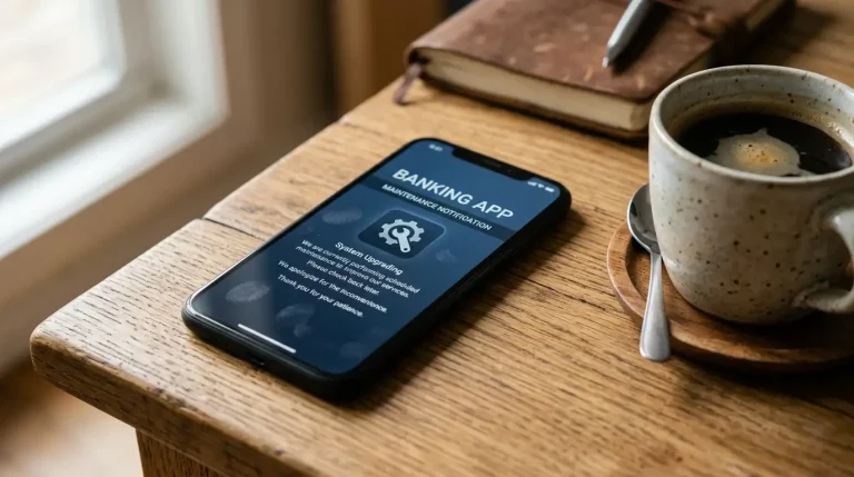 Smartfón s notifikáciou bankovej aplikácie o plánovanej technickej údržbe internetbankingu