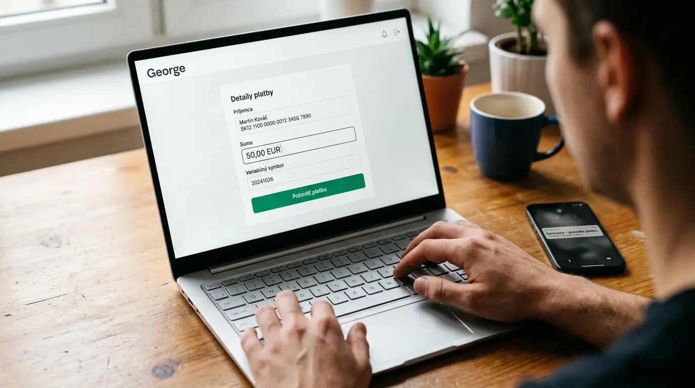 Postup vkladu cez Sporopay v internetbankingu George — autorizácia platby na obrazovke notebooku