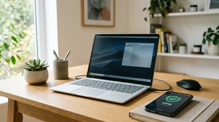 Notebook so smartfónom zobrazujúcim aktívne VPN pripojenie pri pokuse o online platbu