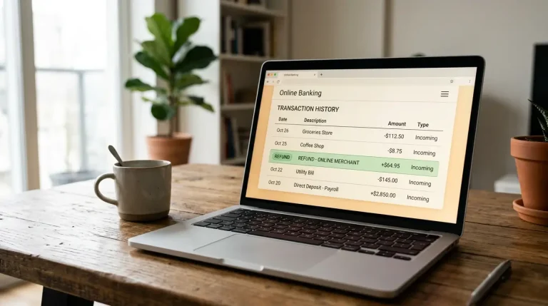 Notebook na stole s otvorenou bankovou históriou transakcií a označenou prichádzajúcou refundáciou