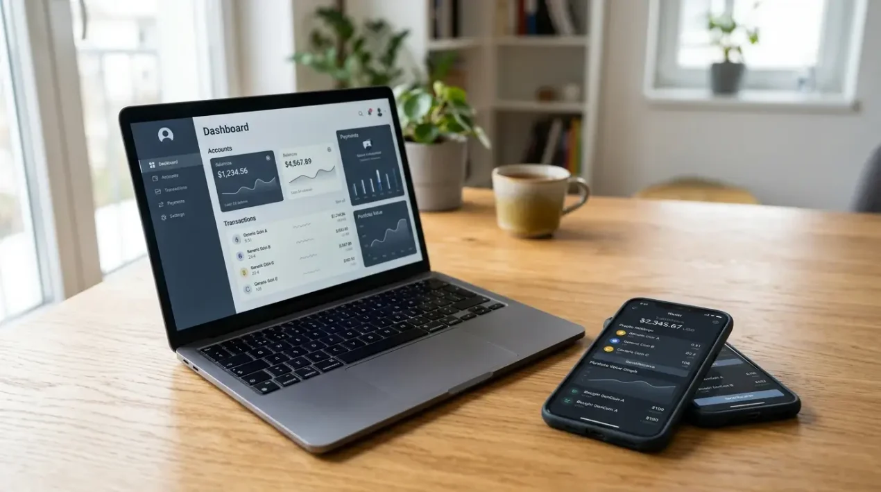 Notebook s otvorenou bankovou aplikáciou a smartfón s krypto peňaženkou ležia vedľa seba na drevenom stole