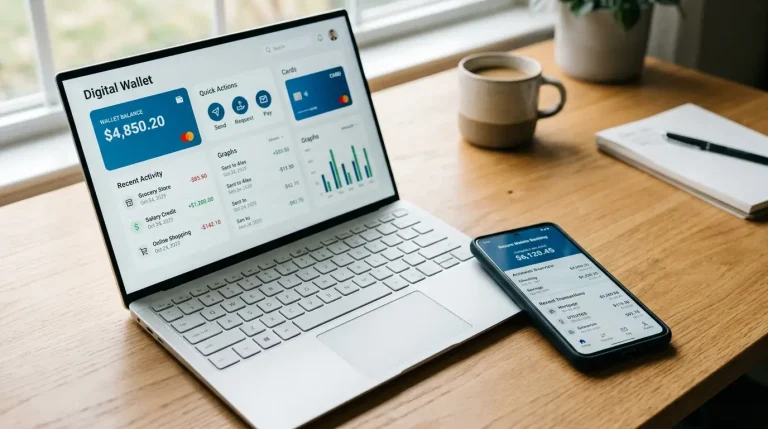 Notebook na stole zobrazuje rozhranie e-peňaženky vedľa otvorenej bankovej aplikácie na smartfóne