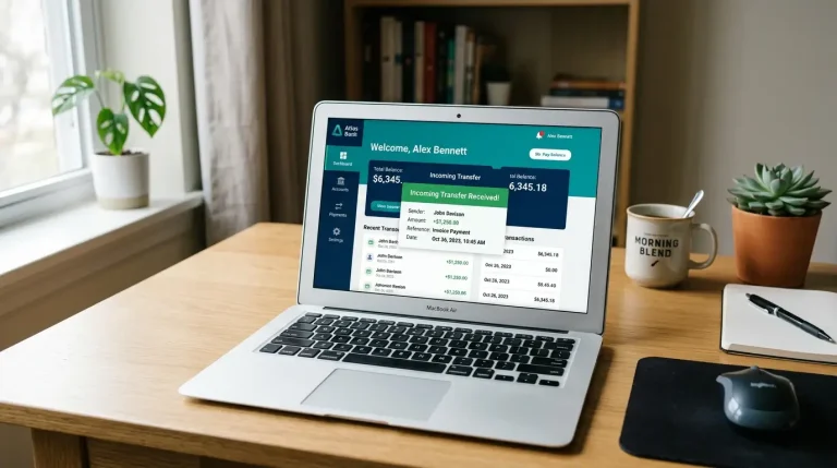 Notebook s otvorenou bankovou aplikáciou zobrazujúcou prichádzajúci prevod z hráčskeho účtu na bankový účet