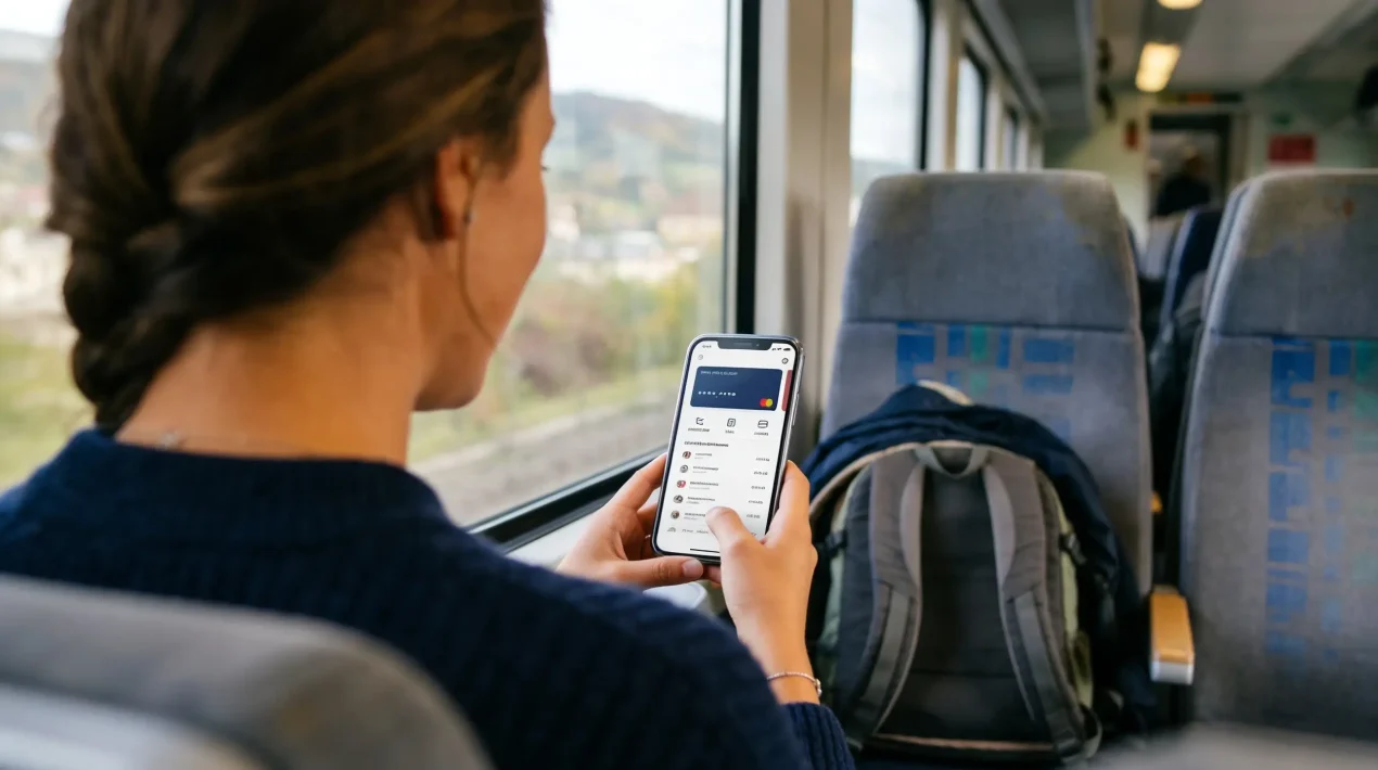 Cestujúci pri okne vlaku alebo lietadla drží smartfón s otvorenou bankovou aplikáciou pri pokuse o platbu